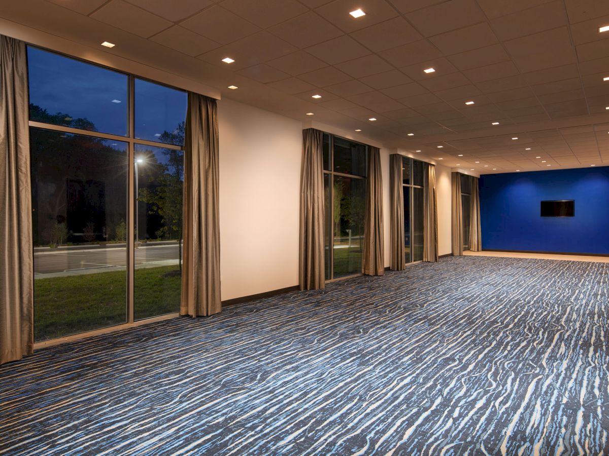 The image shows an empty, well-lit room with large windows, curtains, and a modern blue-patterned carpet, featuring a flat-screen TV on a blue accent wall.